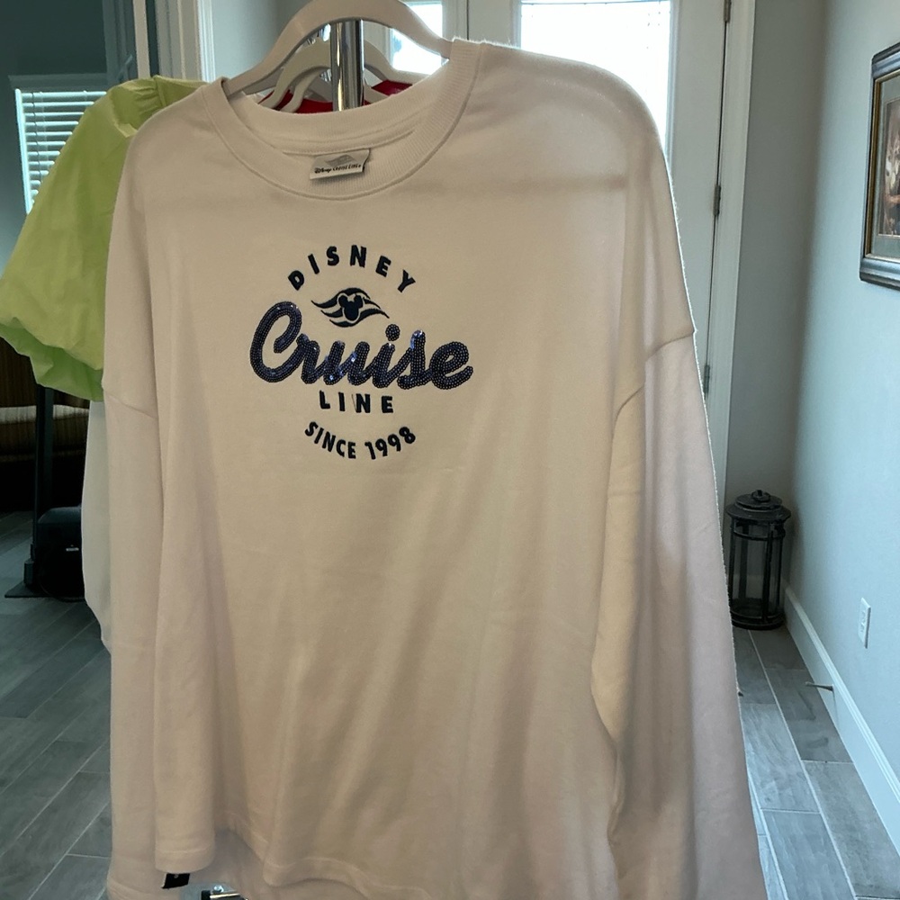 Disney White Sweatshirt with Navy Glitter 'Cruise Line' Logo. RUNS LARGE